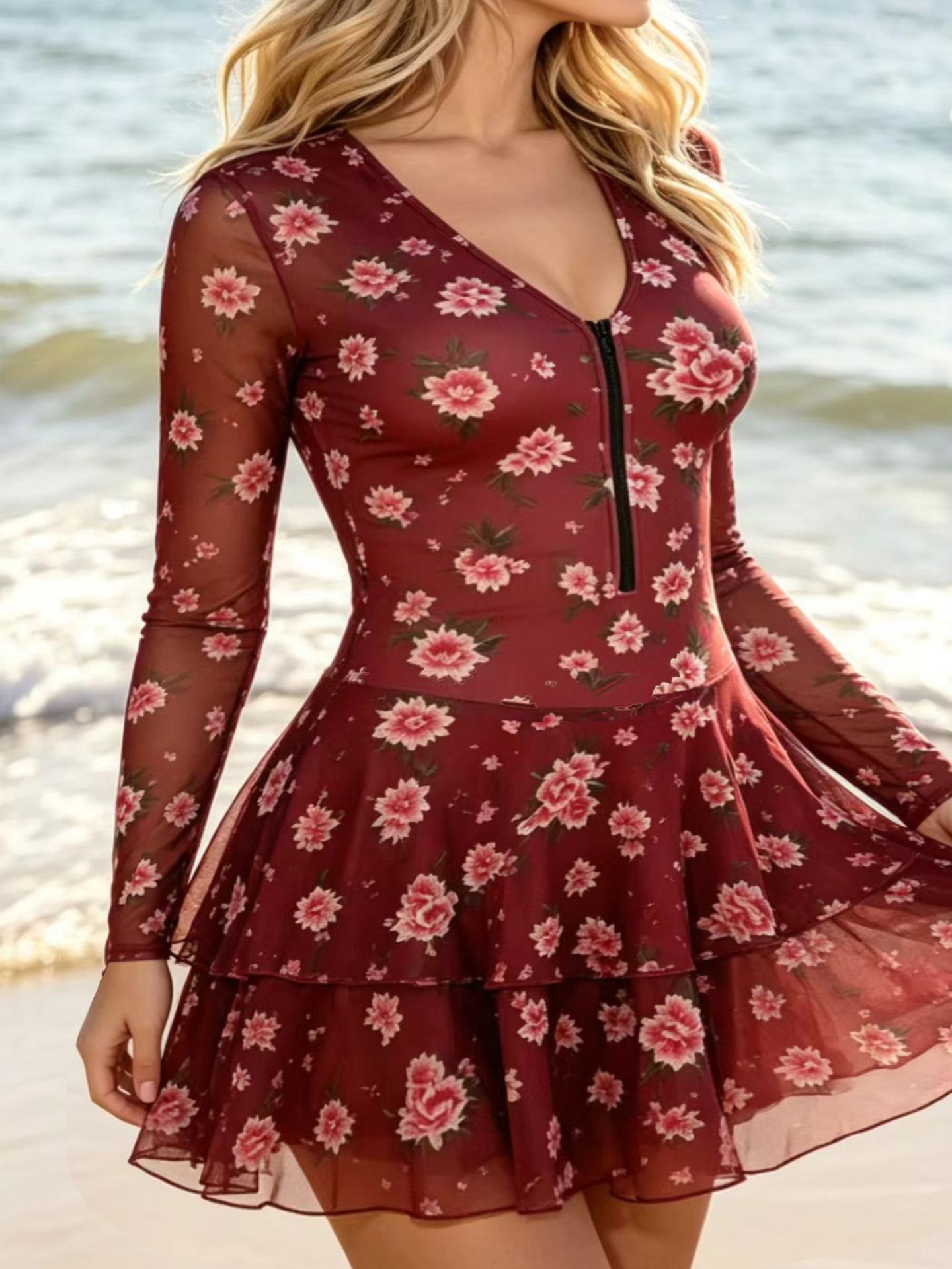 (image for) Women Long Sleeve Mesh Floral Print Half Zip V Neck Double Ruffle Skirted One Piece Swimsuit Sun Protection Surfing Swim Dress
