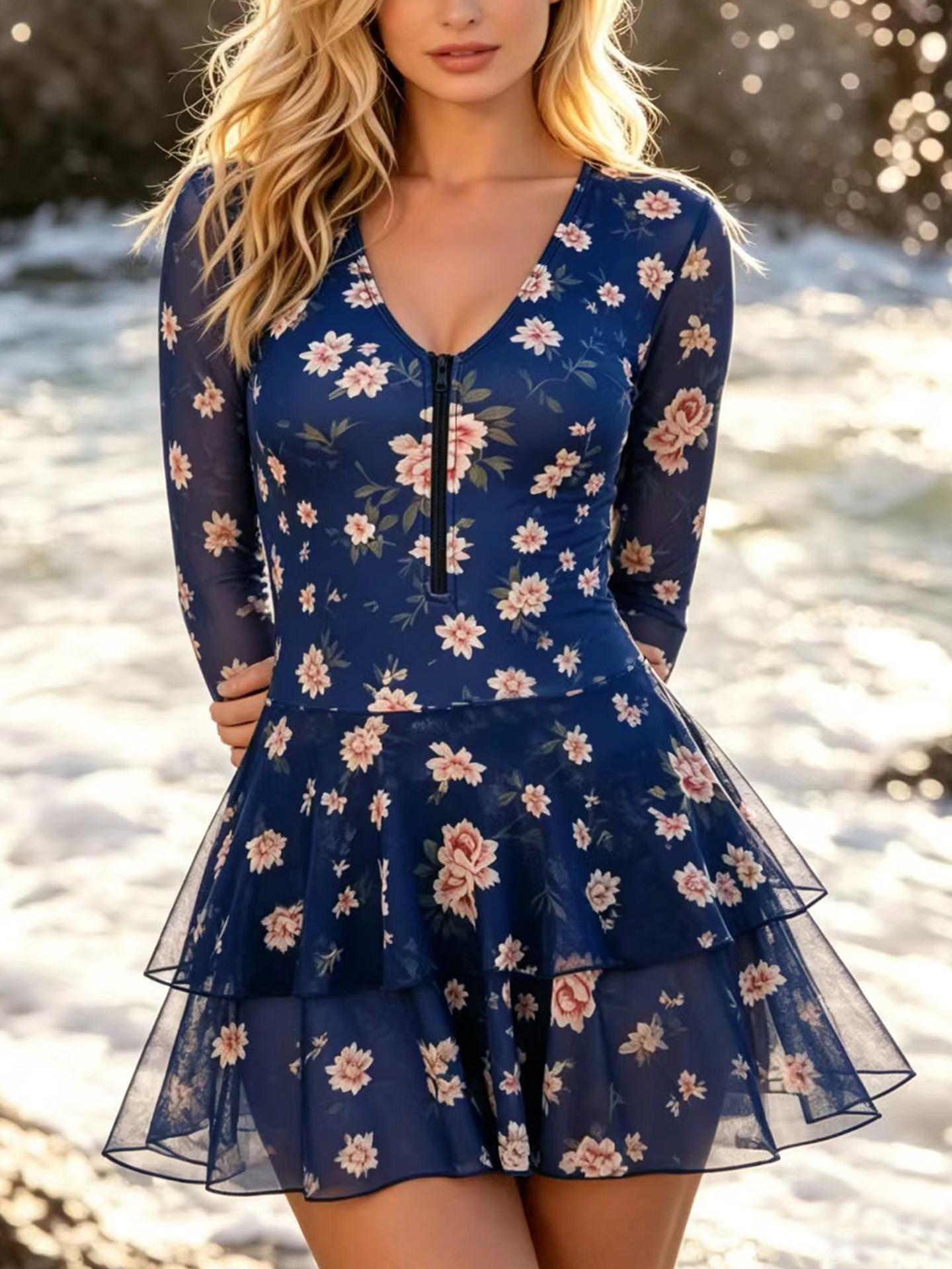 (image for) Women Long Sleeve Mesh Floral Print Half Zip V Neck Double Ruffle Skirted One Piece Swimsuit Sun Protection Surfing Swim Dress