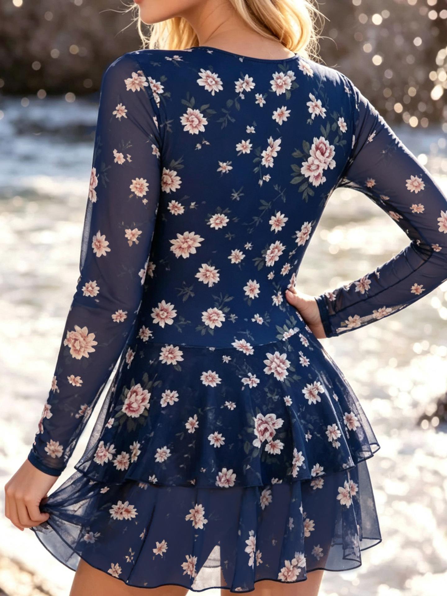 (image for) Women Long Sleeve Mesh Floral Print Half Zip V Neck Double Ruffle Skirted One Piece Swimsuit Sun Protection Surfing Swim Dress