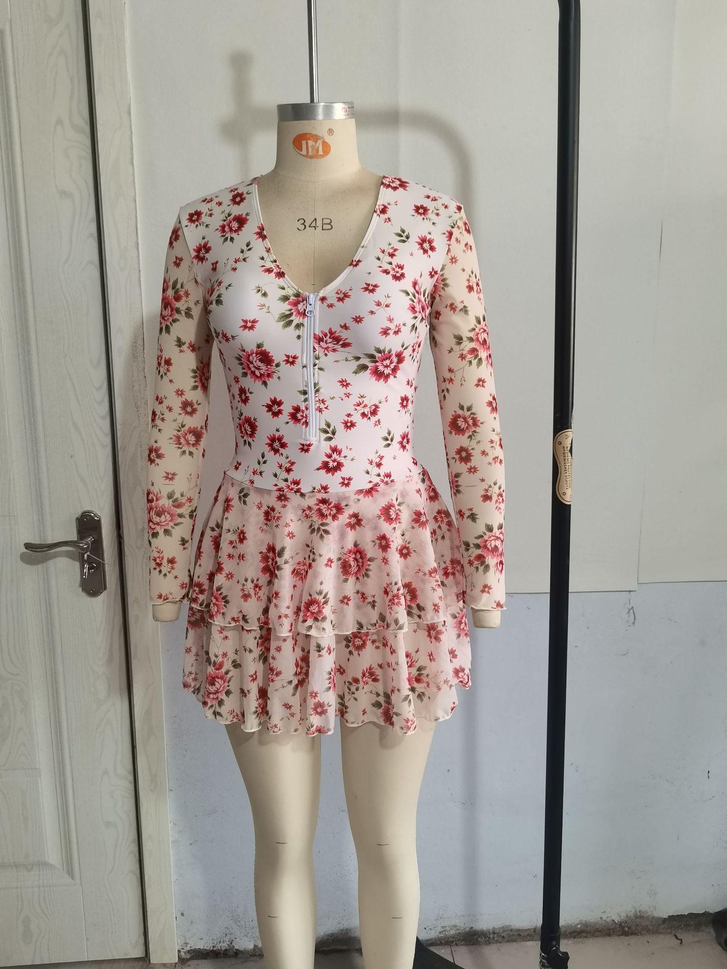 (image for) Women Long Sleeve Mesh Floral Print Half Zip V Neck Double Ruffle Skirted One Piece Swimsuit Sun Protection Surfing Swim Dress