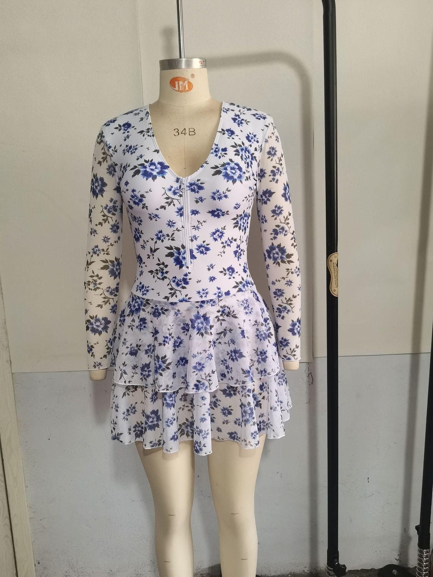 (image for) Women Long Sleeve Mesh Floral Print Half Zip V Neck Double Ruffle Skirted One Piece Swimsuit Sun Protection Surfing Swim Dress