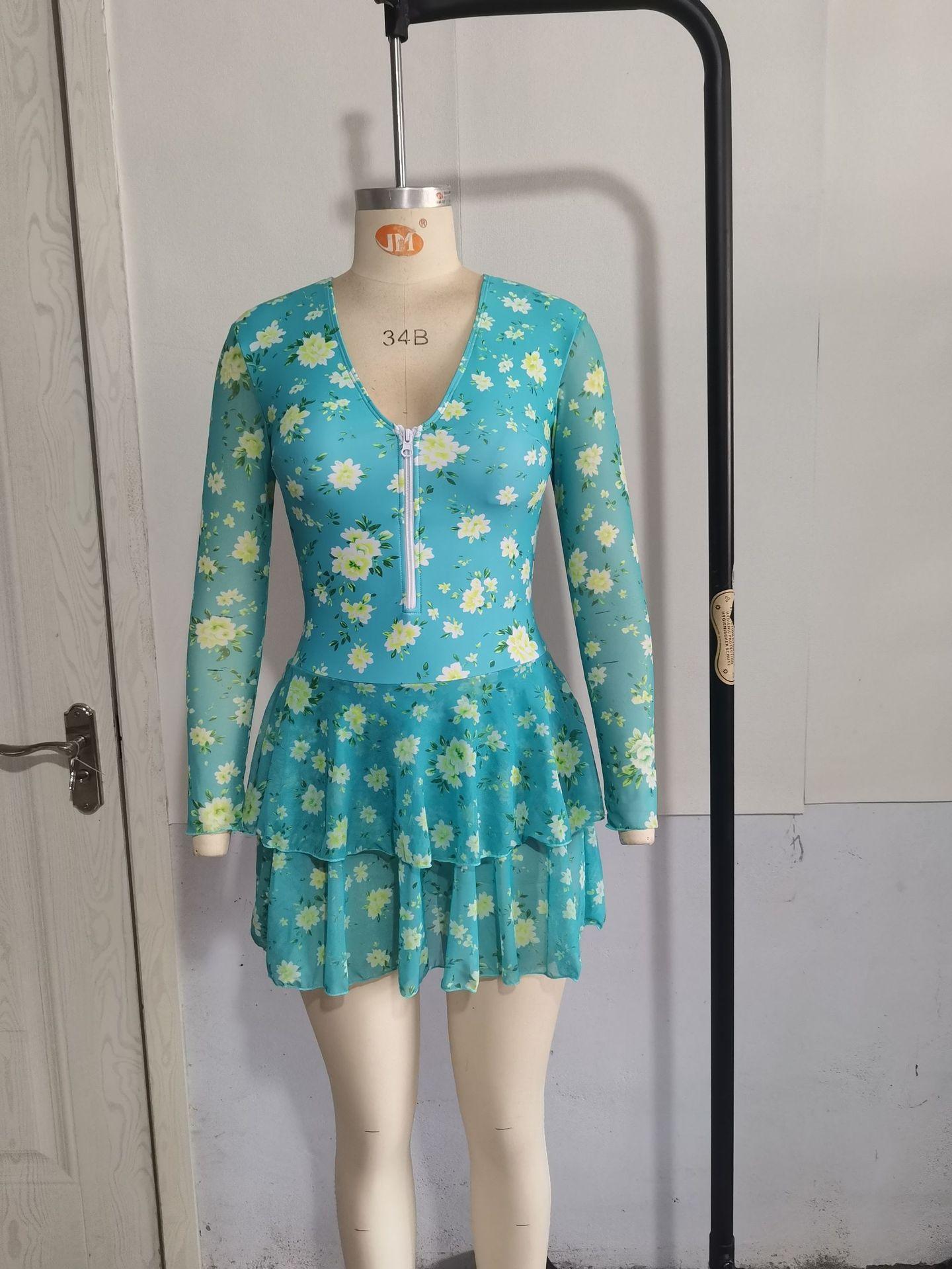(image for) Women Long Sleeve Mesh Floral Print Half Zip V Neck Double Ruffle Skirted One Piece Swimsuit Sun Protection Surfing Swim Dress
