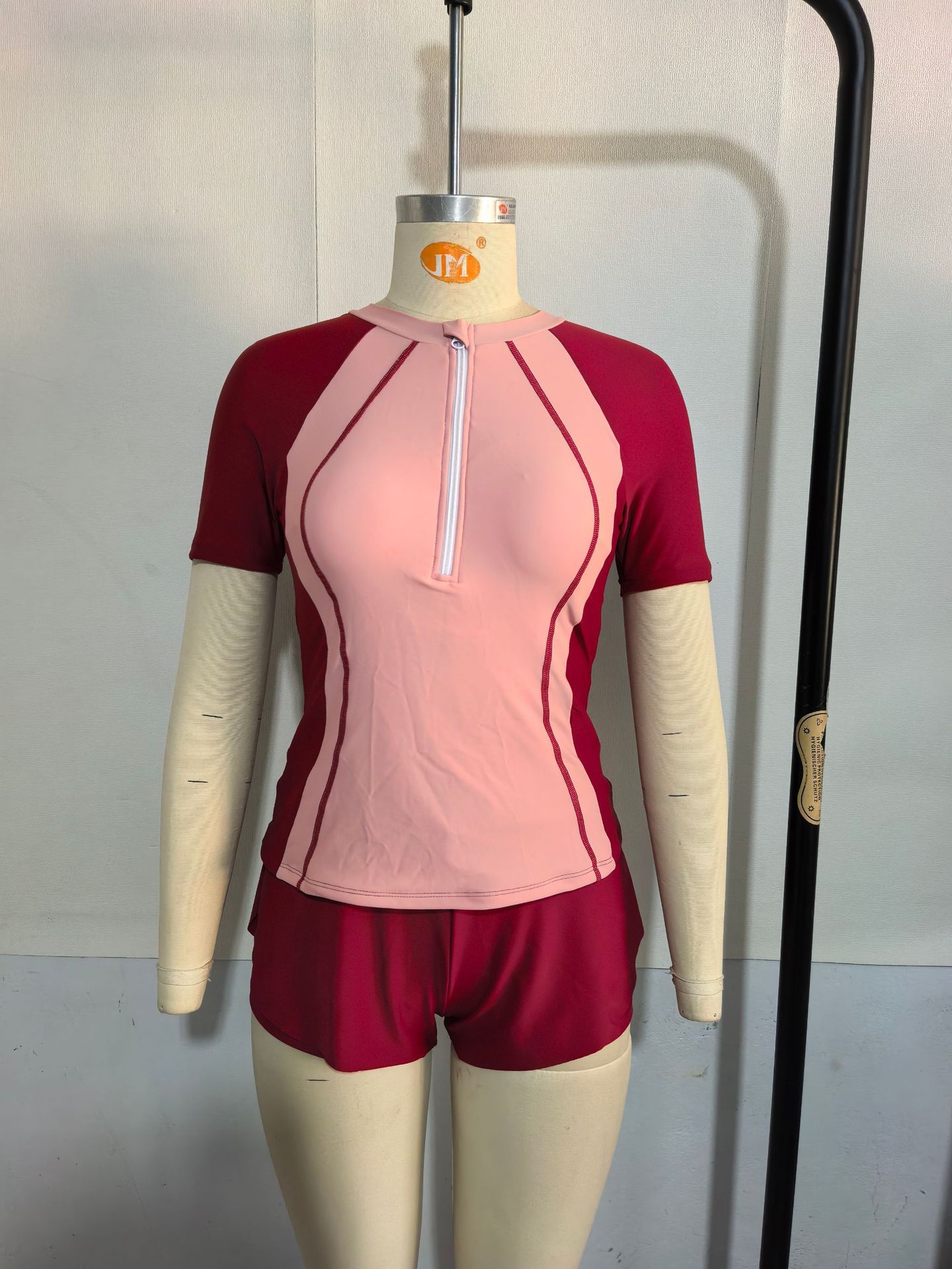 (image for) Women's 2-Piece Short Sleeve Half-Zip Rash Guard Swimsuit Set High Waist Boyshort Padded No Underwire Modest Sporty Sun Protection Surfing Swimwear