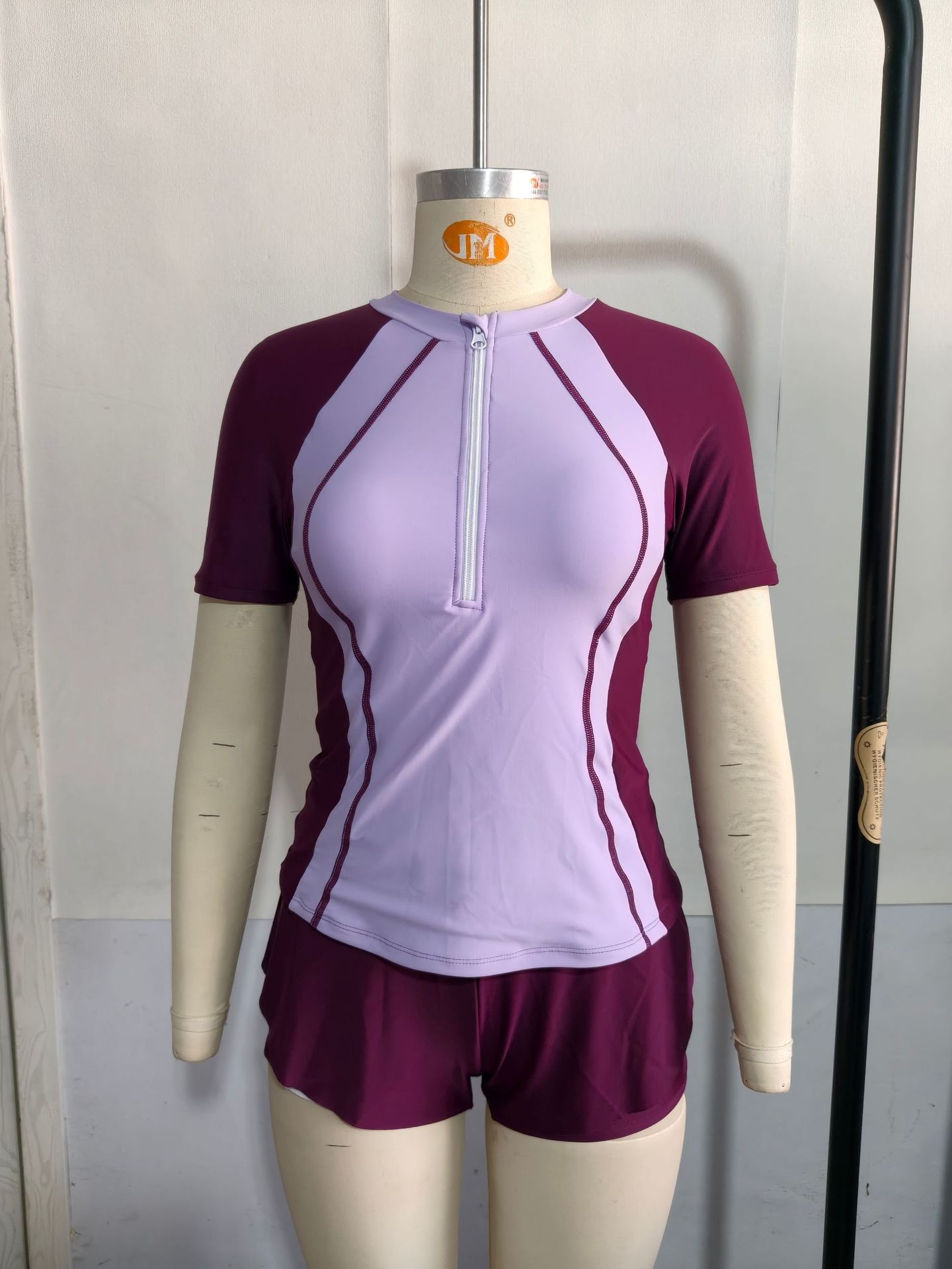 (image for) Women's 2-Piece Short Sleeve Half-Zip Rash Guard Swimsuit Set High Waist Boyshort Padded No Underwire Modest Sporty Sun Protection Surfing Swimwear