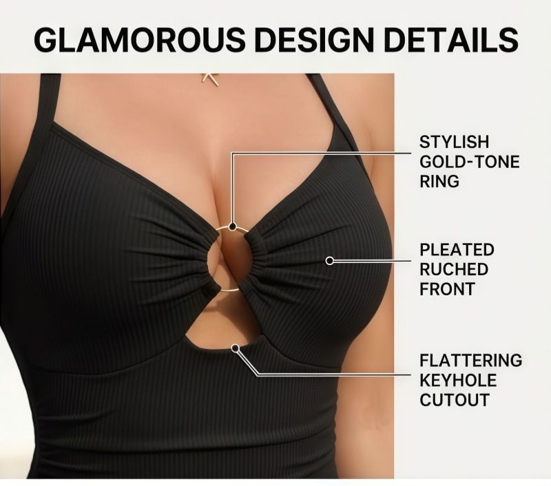 (image for) 2026 New Women Ribbed One Piece Swimsuit, Halter Solid Bathing Suit with O-Ring Cutout, Tummy Control Swimwear S-XXL