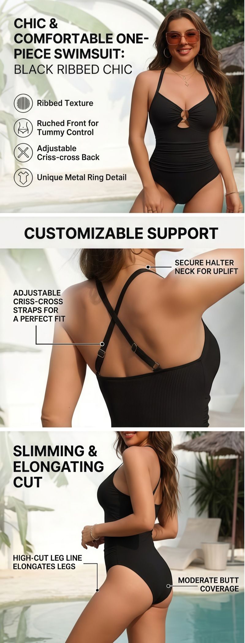 (image for) 2026 New Women Ribbed One Piece Swimsuit, Halter Solid Bathing Suit with O-Ring Cutout, Tummy Control Swimwear S-XXL