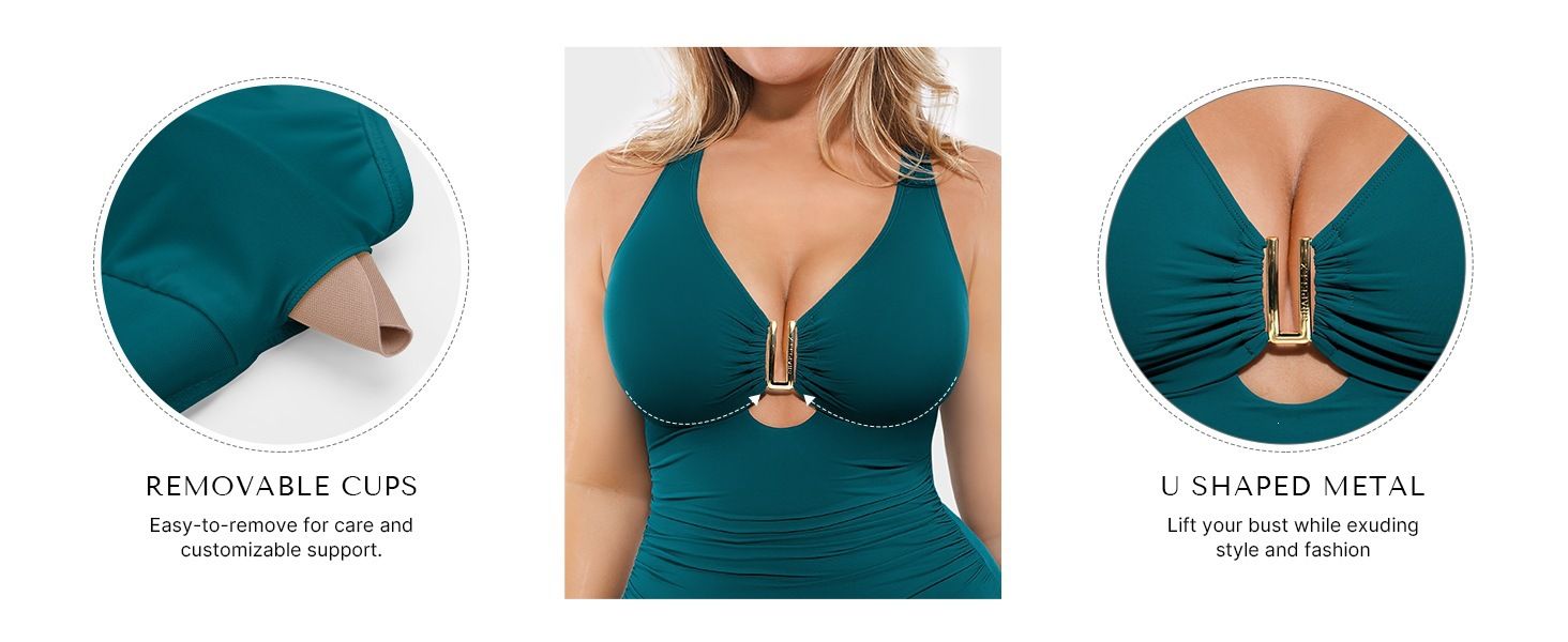 (image for) 2026 Women U Neck One Piece Swimsuit, Tummy Control Ruched Cutout Bathing Suit, Solid Slimming Swimwear S-XXL