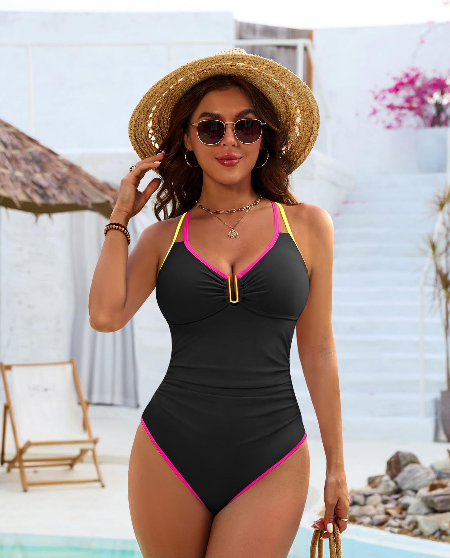 (image for) 2026 Women Color Block One Piece Swimsuit, U Neck Metal Buckle Tummy Control Bathing Suit S-XXL