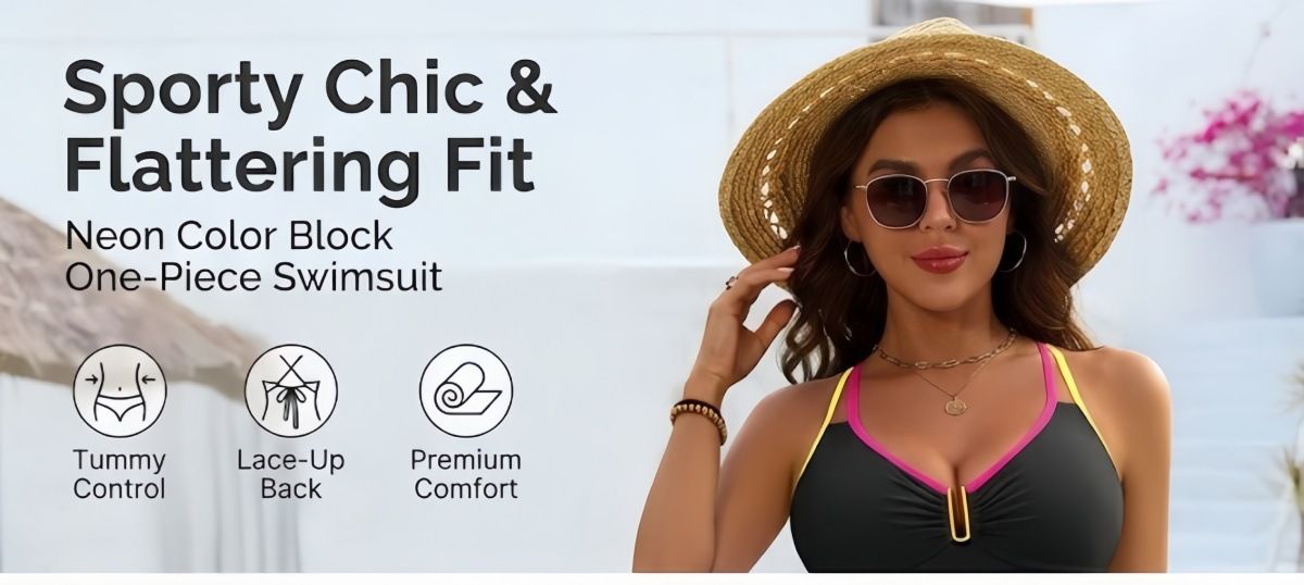 (image for) 2026 Women Color Block One Piece Swimsuit, U Neck Metal Buckle Tummy Control Bathing Suit S-XXL
