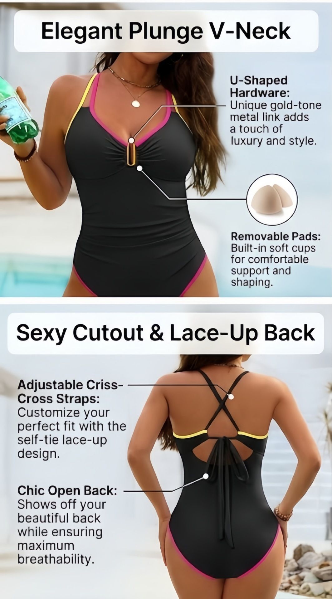 (image for) 2026 Women Color Block One Piece Swimsuit, U Neck Metal Buckle Tummy Control Bathing Suit S-XXL