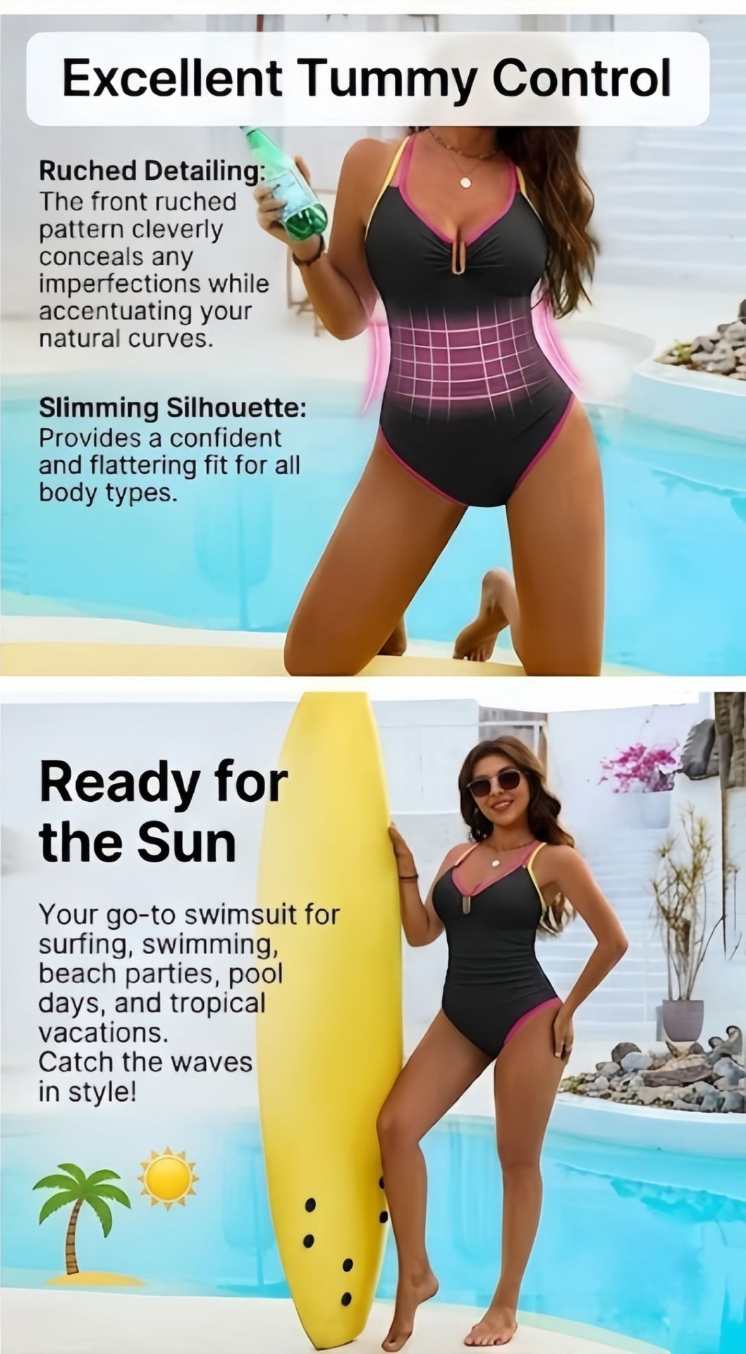 (image for) 2026 Women Color Block One Piece Swimsuit, U Neck Metal Buckle Tummy Control Bathing Suit S-XXL