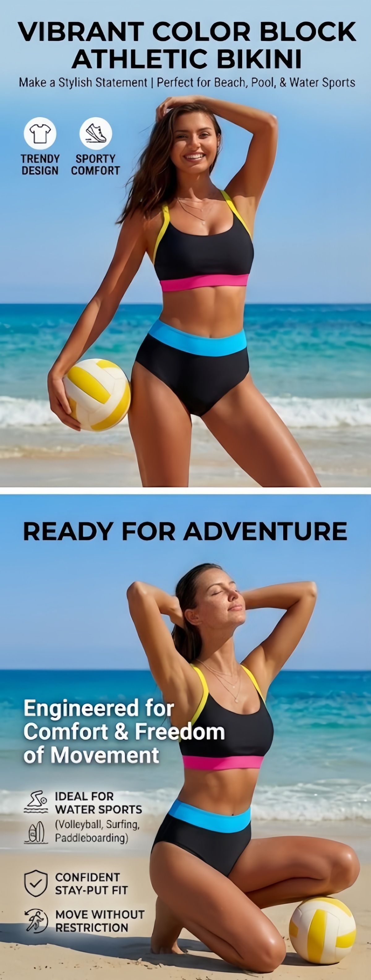 (image for) Women Color Block Sport Bikini Set High Waist Two‑Piece Swimsuit S‑XXL