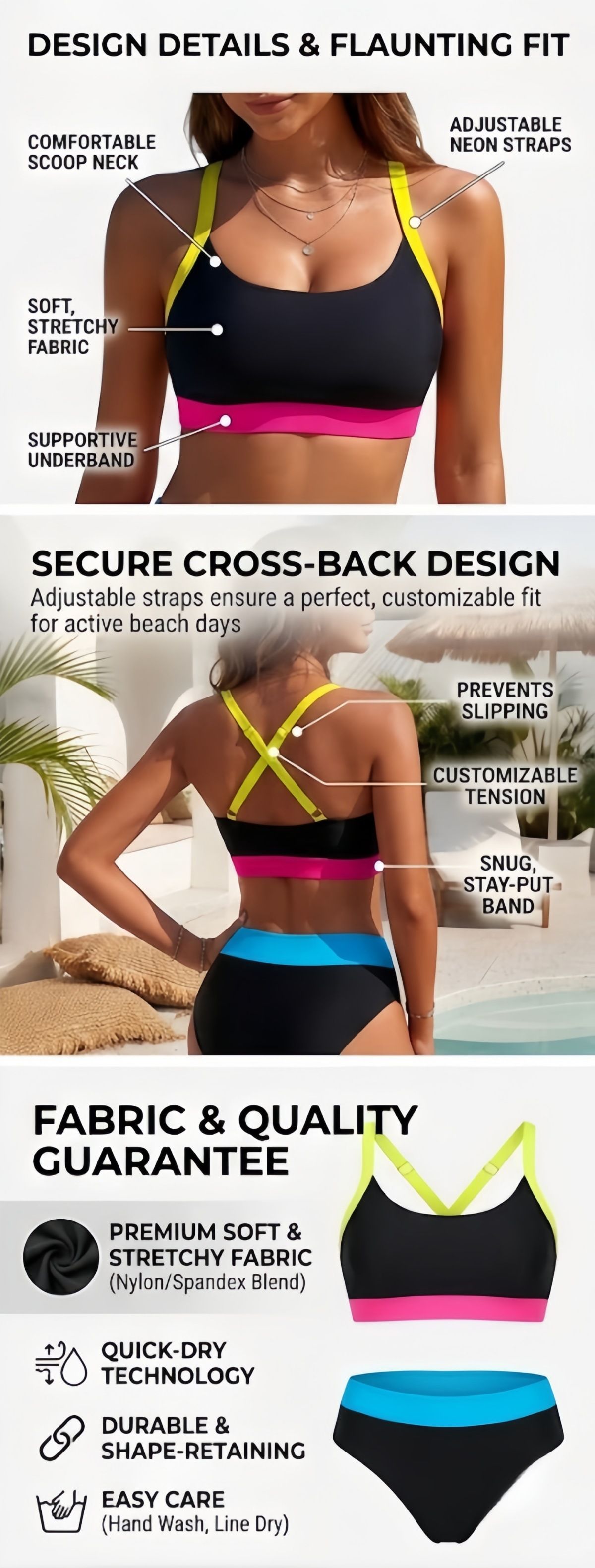 (image for) Women Color Block Sport Bikini Set High Waist Two‑Piece Swimsuit S‑XXL