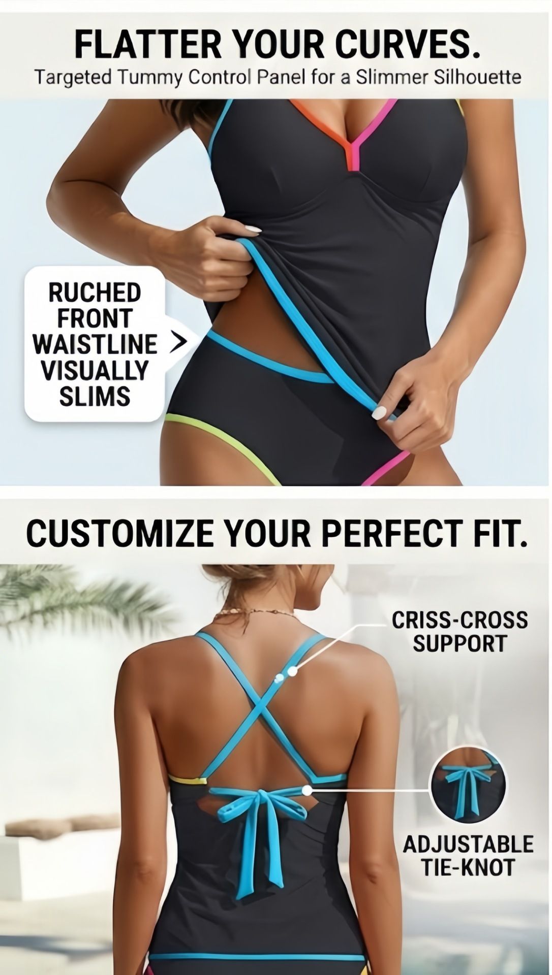 (image for) Women Color‑Block Tankini Two‑Piece Swimsuit Tummy Control Bathing Suit S‑XXL