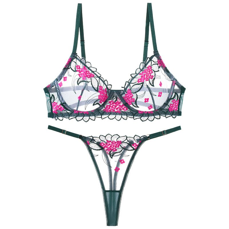 (image for) Women's Floral Lace Full Cup Bra and Thong Set Soft Underwire Push-Up Lift Side Underarm Support Unlined Sexy Pure Desire Intimate Lingerie