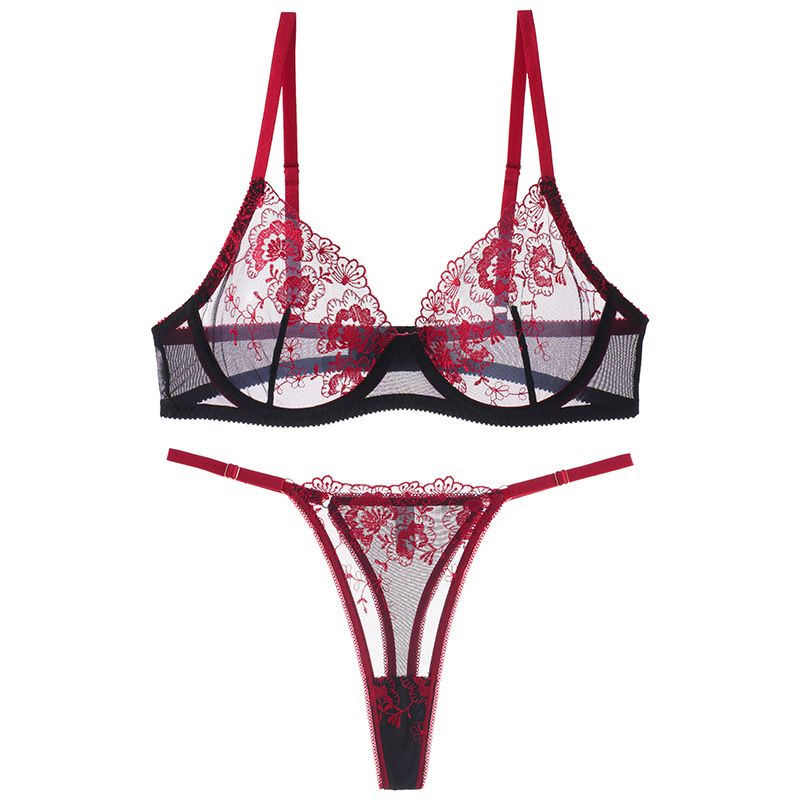 (image for) Women's French Floral Lace Push-Up Bra and Thong Set Unlined Full Coverage Side Support Lift Sexy Luxury Seamless Lingerie