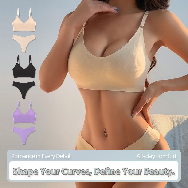 (image for) Women's Ribbed Wirefree Low Back Bralette and Panty Set 3/4 Cup Sponge Padding Seamless Comfort Yoga Sports Casual Lingerie