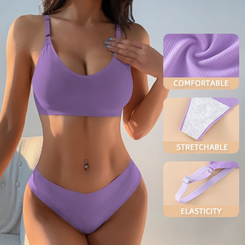 (image for) Women's Ribbed Wirefree Low Back Bralette and Panty Set 3/4 Cup Sponge Padding Seamless Comfort Yoga Sports Casual Lingerie