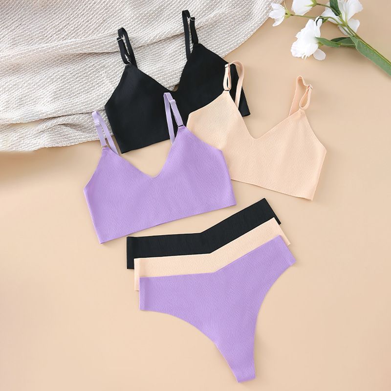 (image for) Women's Ribbed Wirefree Low Back Bralette and Panty Set 3/4 Cup Sponge Padding Seamless Comfort Yoga Sports Casual Lingerie
