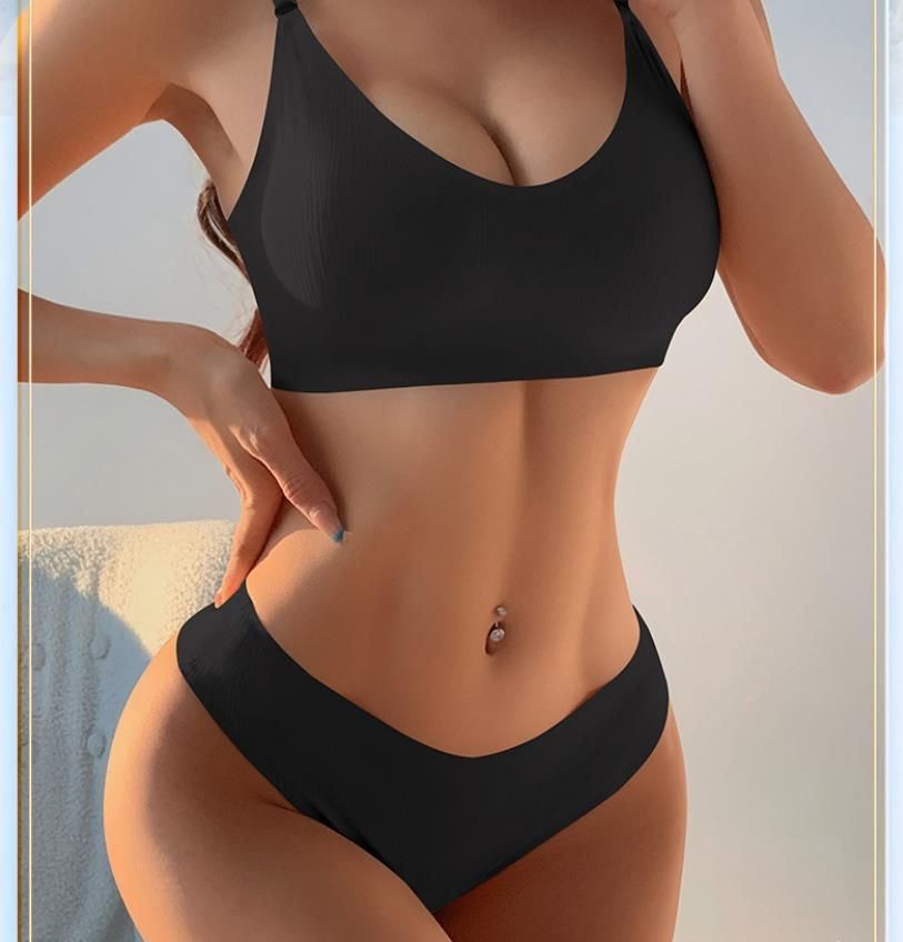 (image for) Women's Ribbed Wirefree Low Back Bralette and Panty Set 3/4 Cup Sponge Padding Seamless Comfort Yoga Sports Casual Lingerie