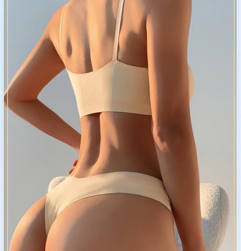 (image for) Women's Ribbed Wirefree Low Back Bralette and Panty Set 3/4 Cup Sponge Padding Seamless Comfort Yoga Sports Casual Lingerie