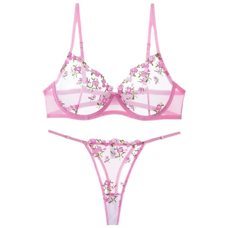 (image for) Women's French Style Floral Lace 3/4 Cup Bra and Thong Set Push-Up Lift Side Underarm Support Unlined Sexy Elegant Intimate Lingerie for Small Bust