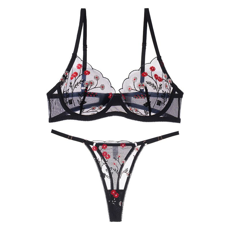 (image for) Women's European Style Floral Embroidered Lace Bra and Thong Set Unlined Full Cup Push-Up Side Support Sexy Everyday Lingerie