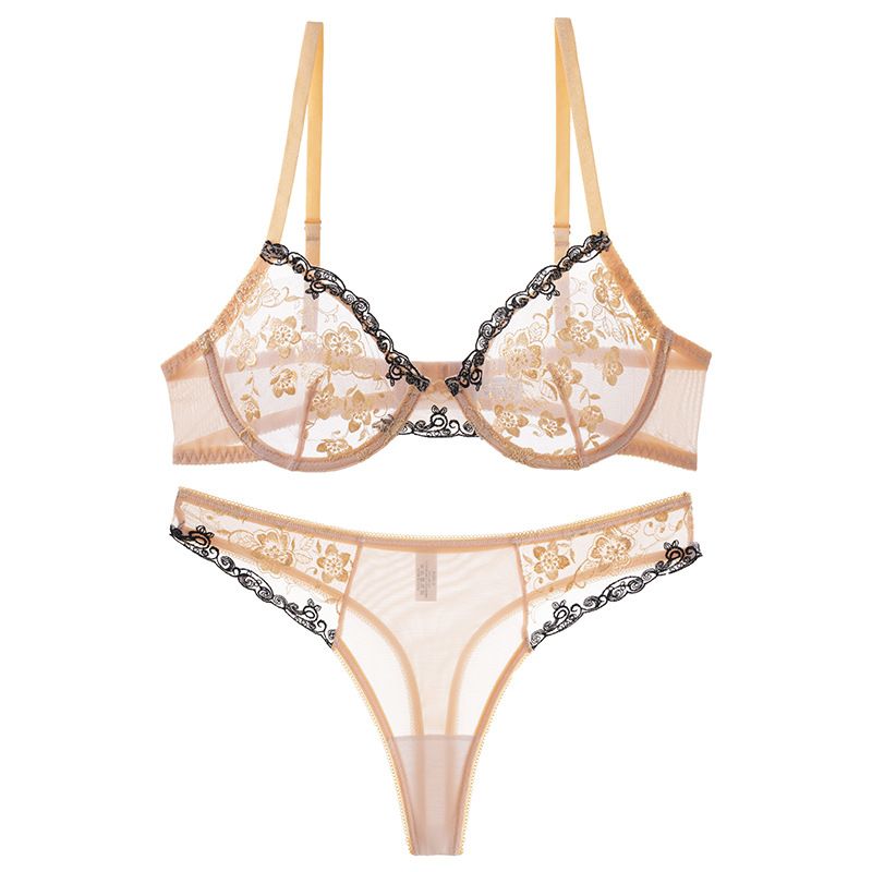(image for) Women's Two-Tone Floral Lace Full Cup Bra and Thong Set Soft Underwire Push-Up Lift Side Underarm Support Unlined Luxury Intimate Lingerie