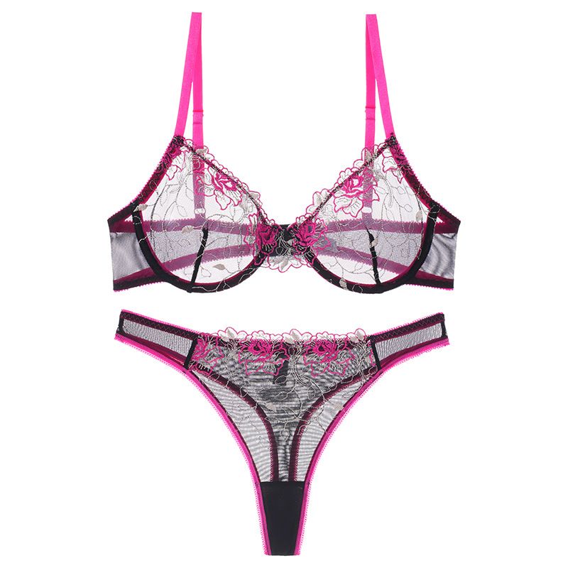 (image for) Women's Plus Size Rose Pink Lace Full Cup Bra and Thong Set Beautiful Back Design Push-Up Lift Side Underarm Support Unlined Luxury French Style Intimate Lingerie