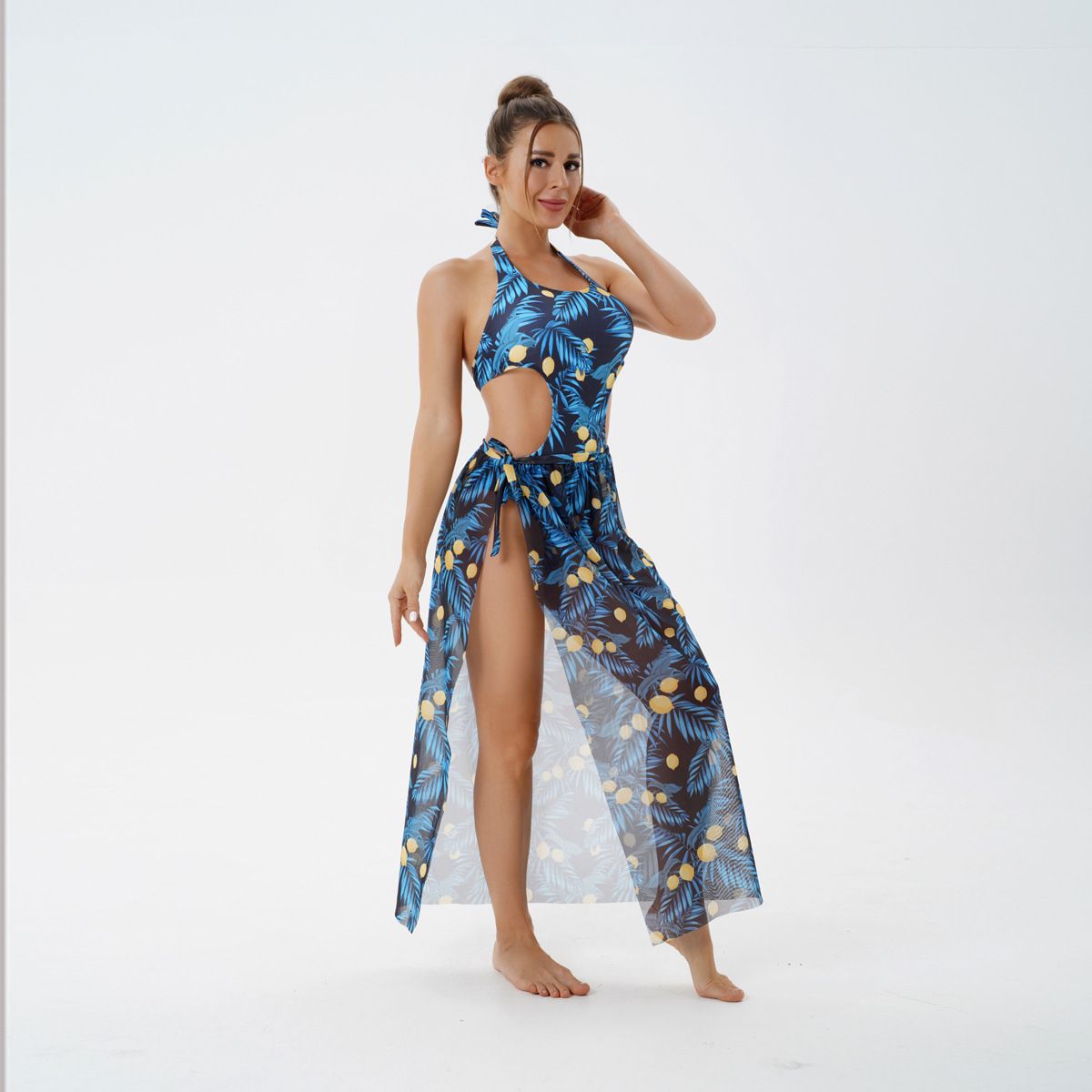 (image for) Women Printed Halter One‑Piece Swimsuit Set With Chiffon Beach Cover‑Up Maxi Skirt