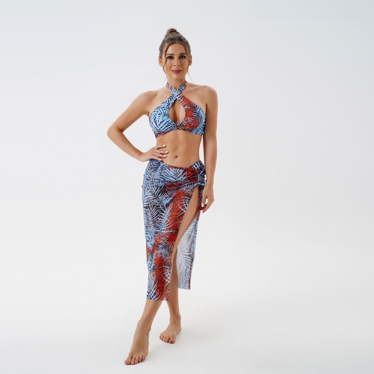 (image for) 3‑Piece Leaf Print Halter Bikini Set With Mesh Cover‑Up Skirt Tropical Women Swimsuit