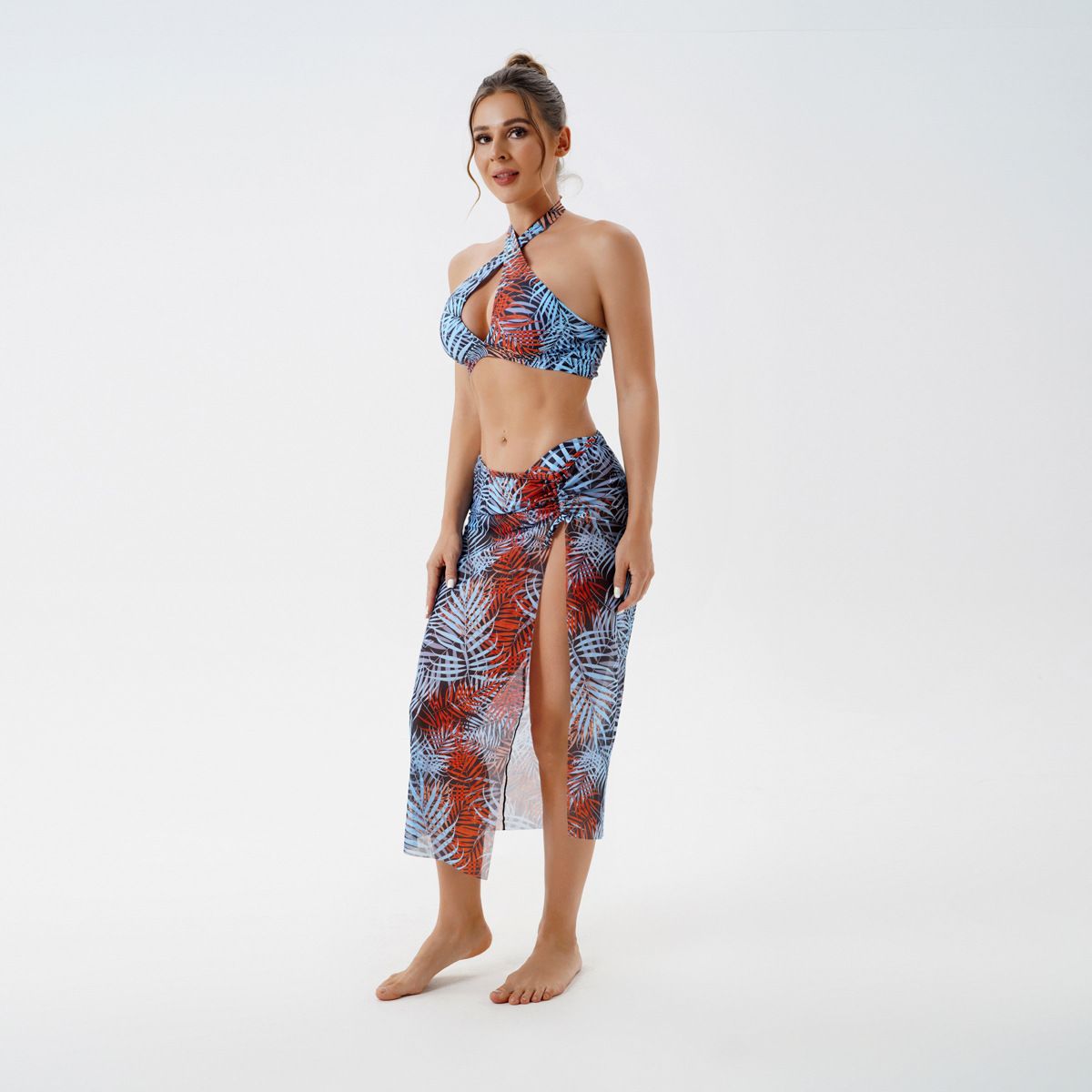 (image for) 3‑Piece Leaf Print Halter Bikini Set With Mesh Cover‑Up Skirt Tropical Women Swimsuit