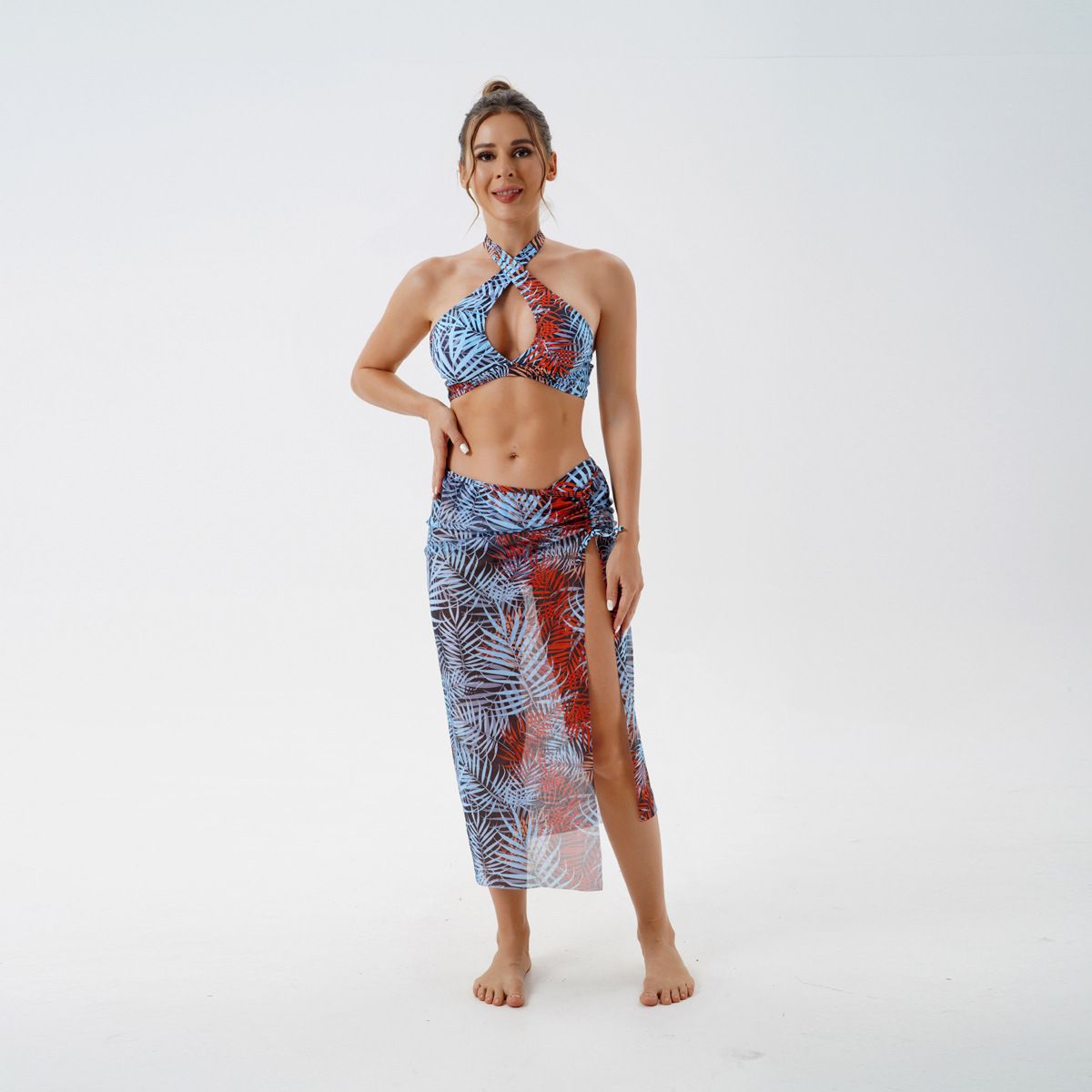(image for) 3‑Piece Leaf Print Halter Bikini Set With Mesh Cover‑Up Skirt Tropical Women Swimsuit