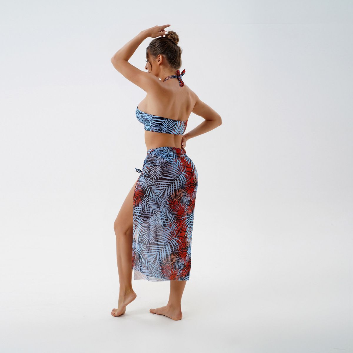 (image for) 3‑Piece Leaf Print Halter Bikini Set With Mesh Cover‑Up Skirt Tropical Women Swimsuit