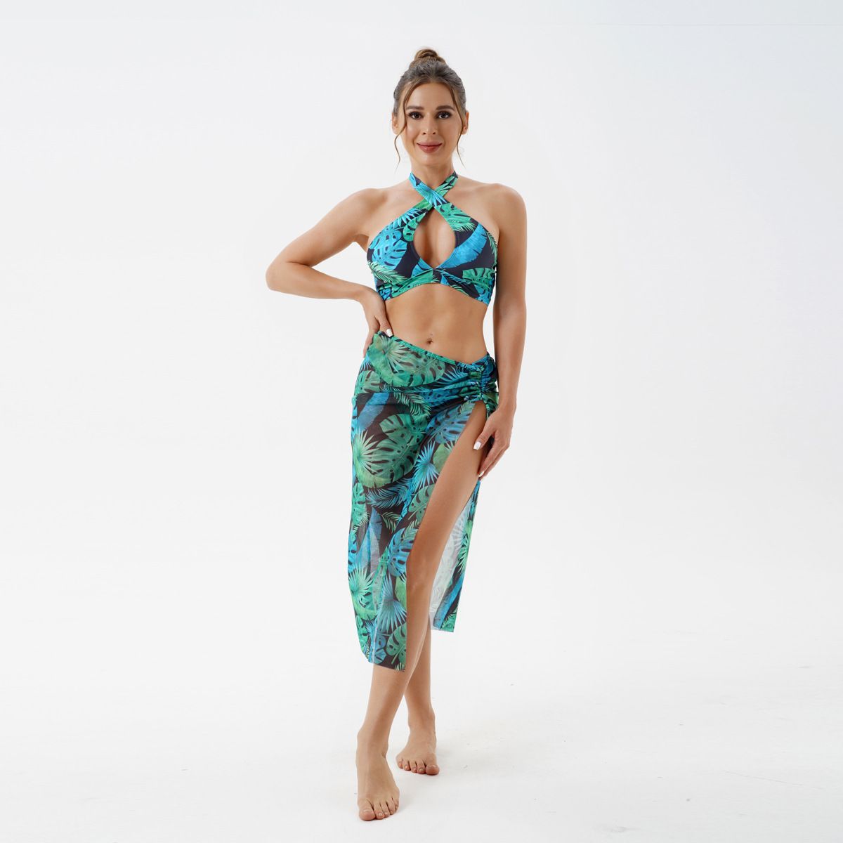 (image for) 3‑Piece Leaf Print Halter Bikini Set With Mesh Cover‑Up Skirt Tropical Women Swimsuit