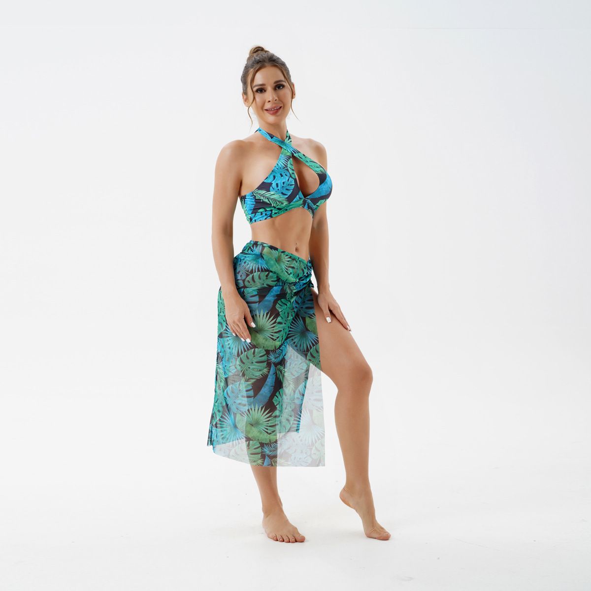 (image for) 3‑Piece Leaf Print Halter Bikini Set With Mesh Cover‑Up Skirt Tropical Women Swimsuit