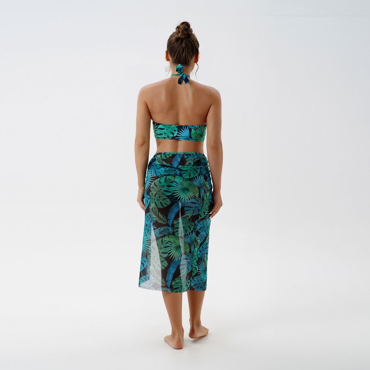 (image for) 3‑Piece Leaf Print Halter Bikini Set With Mesh Cover‑Up Skirt Tropical Women Swimsuit