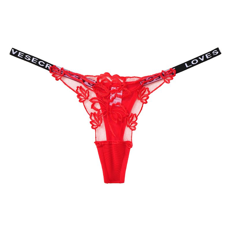 (image for) Women Low Rise Hollow Out Lace Thong Panties with Letter Elastic Strap High Stretch Seamless Breathable Antibacterial Cotton Crotch Sexy Intimates