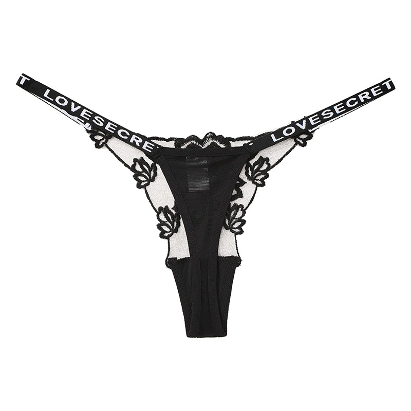 (image for) Women Low Rise Hollow Out Lace Thong Panties with Letter Elastic Strap High Stretch Seamless Breathable Antibacterial Cotton Crotch Sexy Intimates