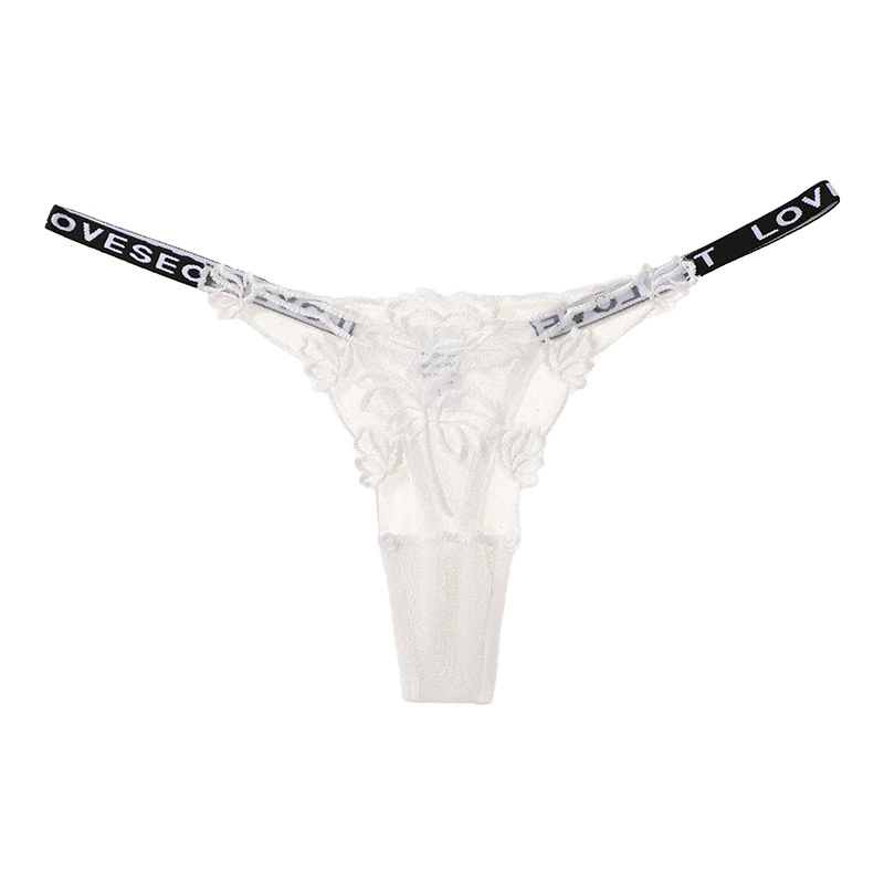 (image for) Women Low Rise Hollow Out Lace Thong Panties with Letter Elastic Strap High Stretch Seamless Breathable Antibacterial Cotton Crotch Sexy Intimates