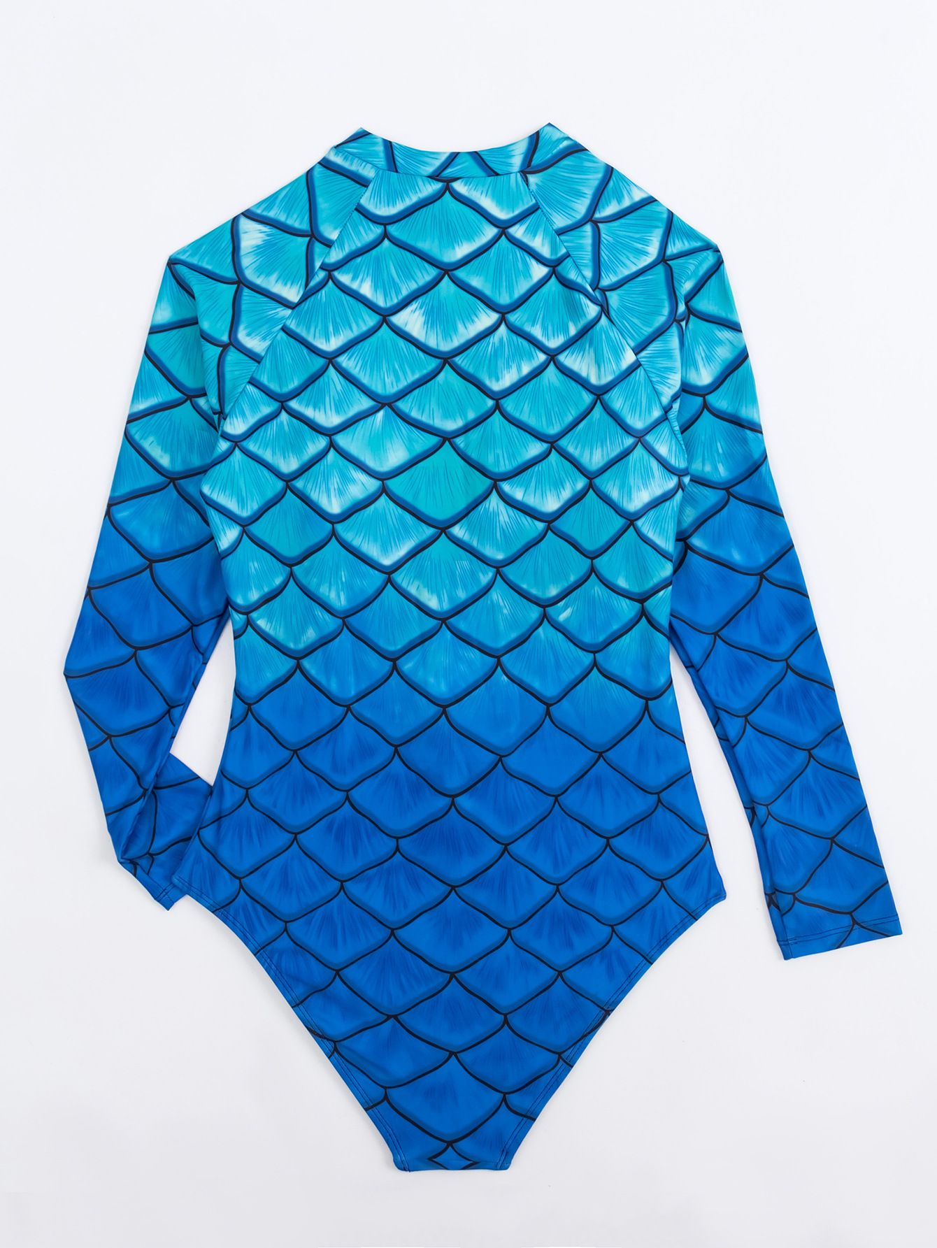 (image for) New Women Long‑Sleeve Mermaid Scale Print One‑Piece Swimsuit Adult Surfing Wetsuit