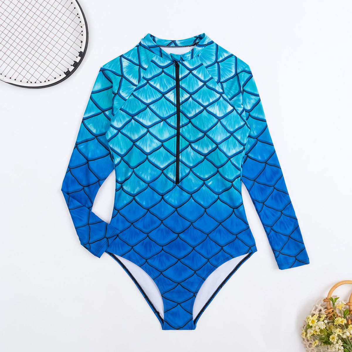 (image for) New Women Long‑Sleeve Mermaid Scale Print One‑Piece Swimsuit Adult Surfing Wetsuit