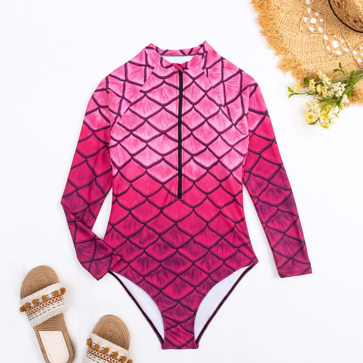 (image for) New Women Long‑Sleeve Mermaid Scale Print One‑Piece Swimsuit Adult Surfing Wetsuit