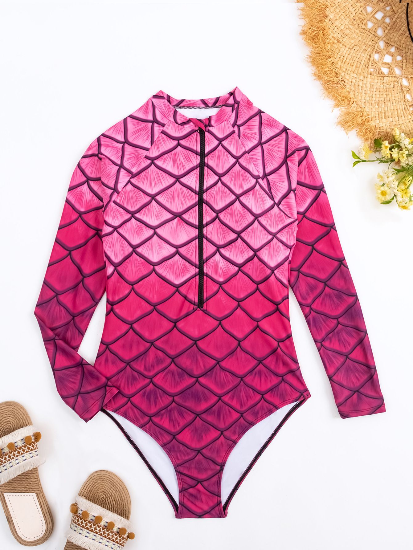 (image for) New Women Long‑Sleeve Mermaid Scale Print One‑Piece Swimsuit Adult Surfing Wetsuit