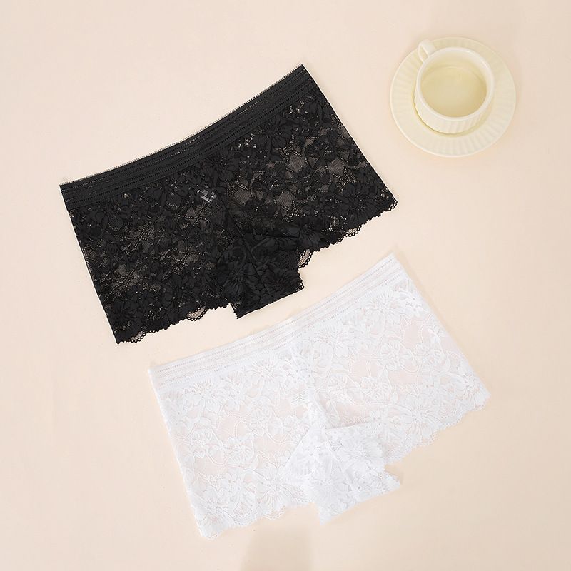 (image for) Women's Mid-Rise Hollow-Out Floral Lace Boyshort Panties 90%-95% Cotton Crotch Breathable Butt Lifting Sheer Ice Silk Everyday Intimates