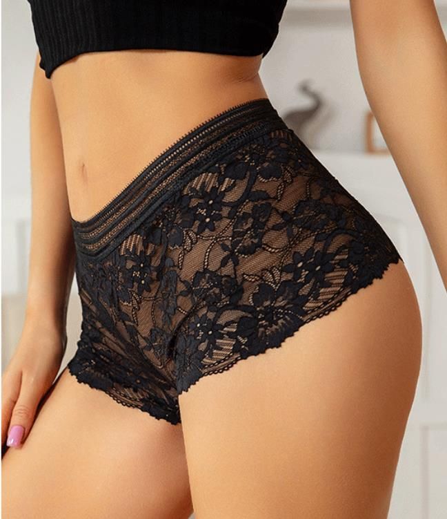 (image for) Women's Mid-Rise Hollow-Out Floral Lace Boyshort Panties 90%-95% Cotton Crotch Breathable Butt Lifting Sheer Ice Silk Everyday Intimates
