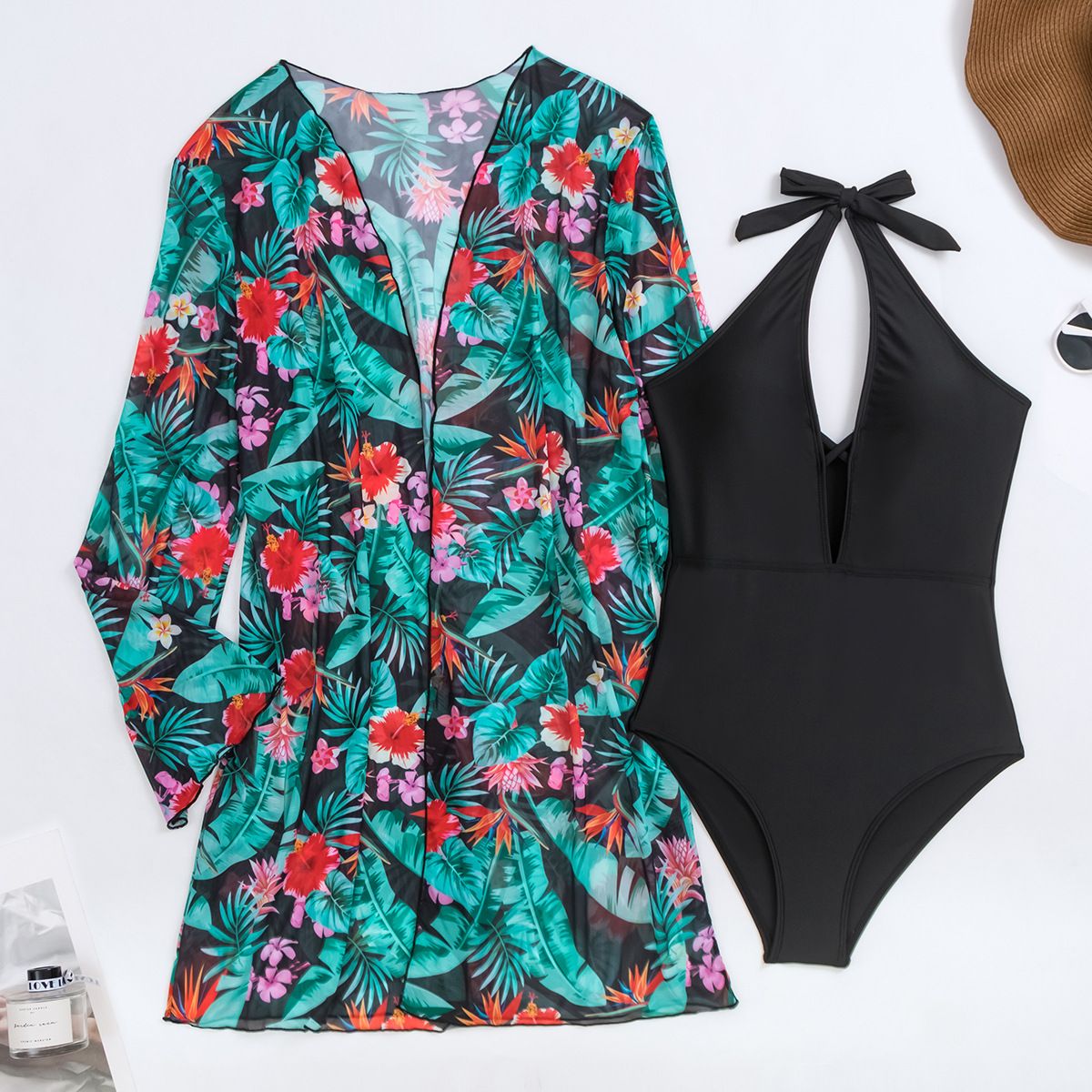 (image for) Women 2‑Piece Swimsuit Set Halter One‑Piece Bathing Suit with Floral Print Kimono Cover‑Up