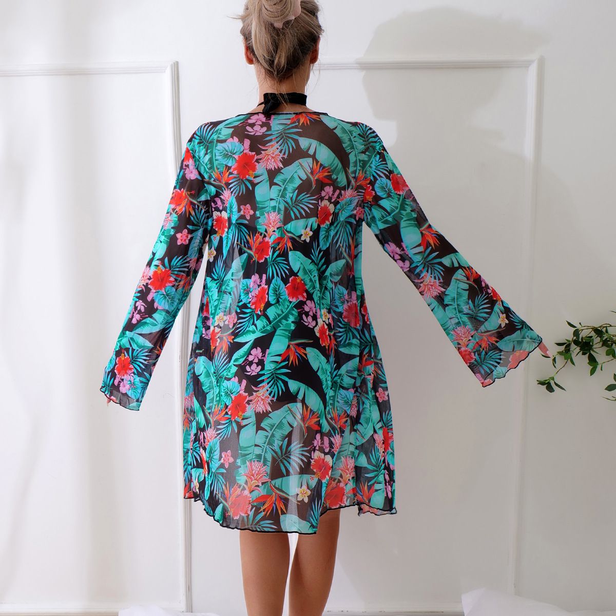 (image for) Women 2‑Piece Swimsuit Set Halter One‑Piece Bathing Suit with Floral Print Kimono Cover‑Up