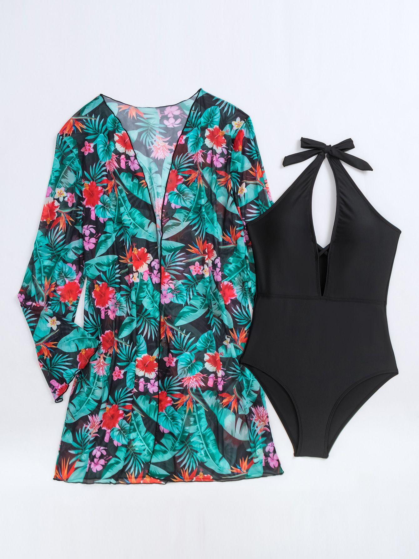 (image for) Women 2‑Piece Swimsuit Set Halter One‑Piece Bathing Suit with Floral Print Kimono Cover‑Up