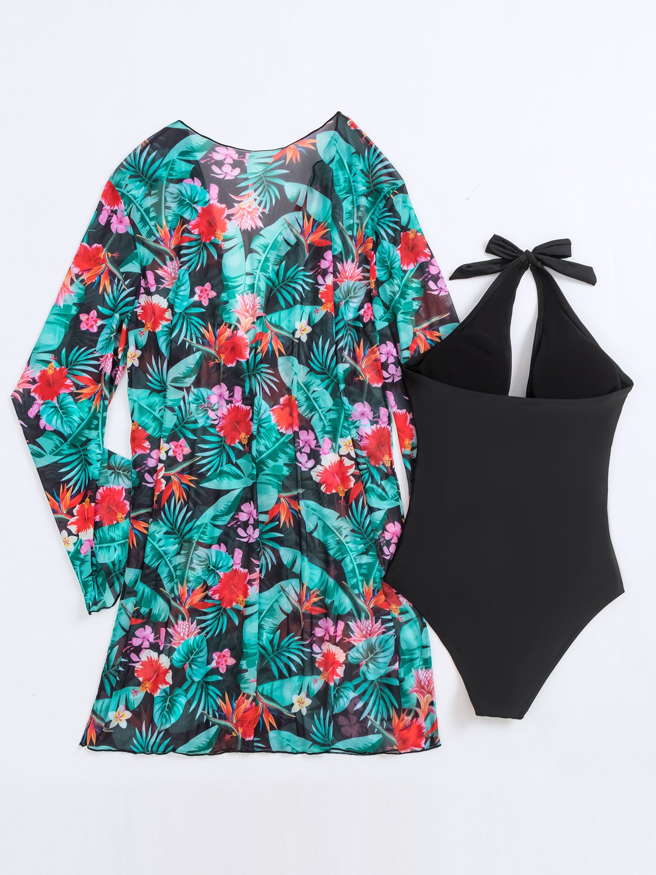 (image for) Women 2‑Piece Swimsuit Set Halter One‑Piece Bathing Suit with Floral Print Kimono Cover‑Up